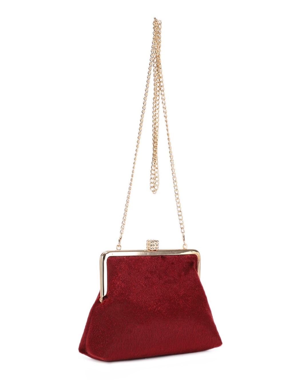 Burgundy Faux Fur Clutch with Gold Chain